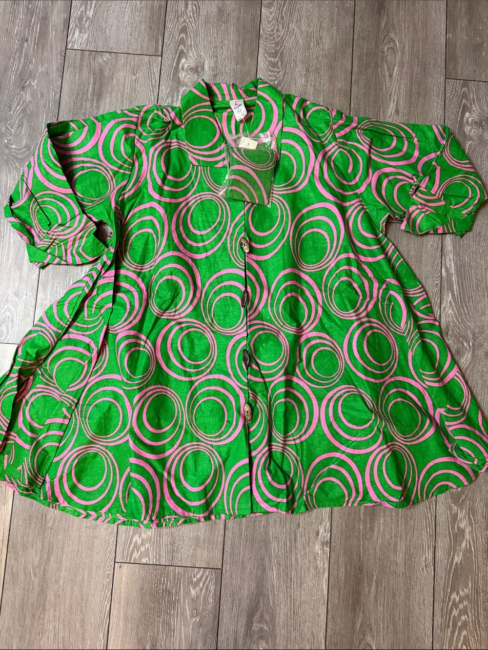 Women’s Green & Pink Circle Print Button-Up Swing Dress